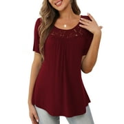 a.Jesdan Womens Tops Plus Size Short Sleeve Wine Red Shirts Lace Pleated Tunic Tops 4XL