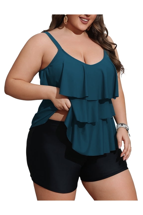 Women Plus Size Tankini Swimsuits Tummy Control Two Piece Bathing Suit Ruffled Flounce Swimwear with Shorts 0X-5X