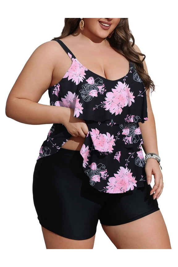 Women Plus Size Tankini Swimsuits Tummy Control Two Piece Bathing Suit Ruffled Flounce Swimwear with Shorts 0X-5X
