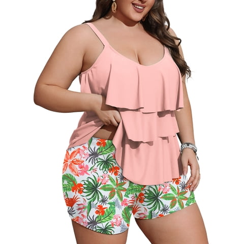 Women Plus Size Tankini Swimsuits Tummy Control Two Piece Bathing Suit Ruffled Flounce Swimwear with Shorts 0X-5X