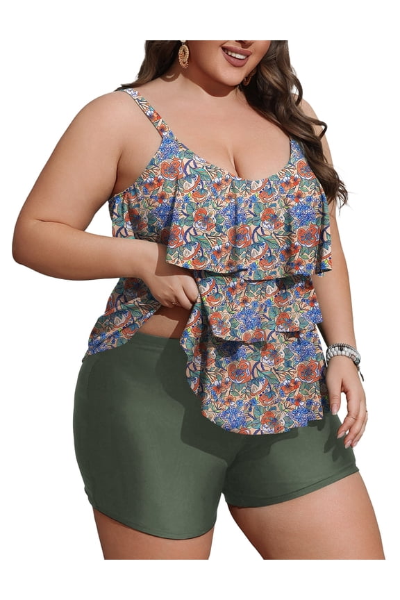 Women Plus Size Tankini Swimsuits Tummy Control Two Piece Bathing Suit Ruffled Flounce Swimwear with Shorts 0X-5X