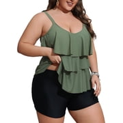 a.Jesdani Women Plus Size Tankini Swimsuits Tummy Control Two Piece Bathing Suit Ruffled Flounce Swimwear with Shorts 0X-5X