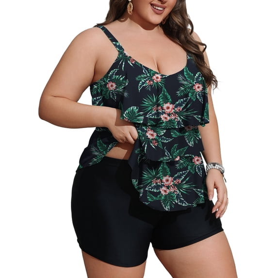 a.Jesdani Women Plus Size Tankini Swimsuits Tummy Control Two Piece Bathing Suit Ruffled Flounce Swimwear with Shorts 0X-5X