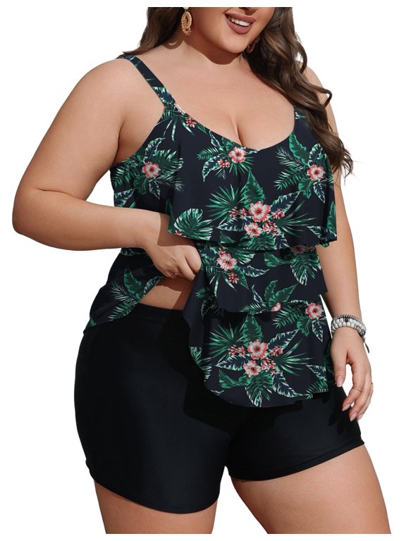 Women Plus Size Tankini Swimsuits Tummy Control Two Piece Bathing Suit Ruffled Flounce Swimwear with Shorts 0X-5X