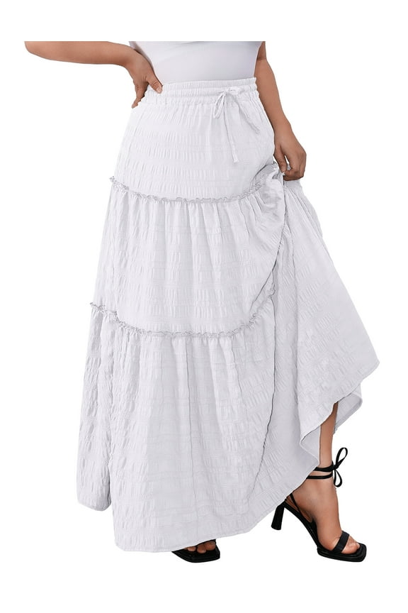 Women Plus size Long Maxi Skirts Elastic High Waist A Line Ruffle Swing Beach Maxi Skirt L-4x