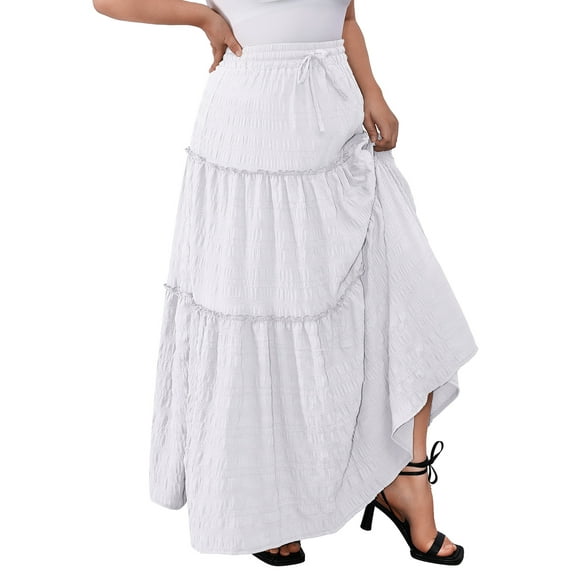 a.Jesdani Women Plus size Long Maxi Skirts Elastic High Waist A Line Ruffle Swing Beach Maxi Skirt L-4x