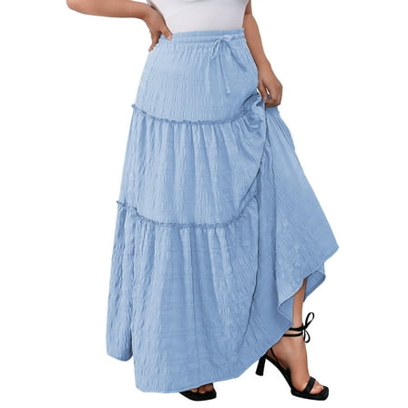 a.Jesdani Women Plus size Long Maxi Skirts Elastic High Waist A Line Ruffle Swing Beach Maxi Skirt L-4x