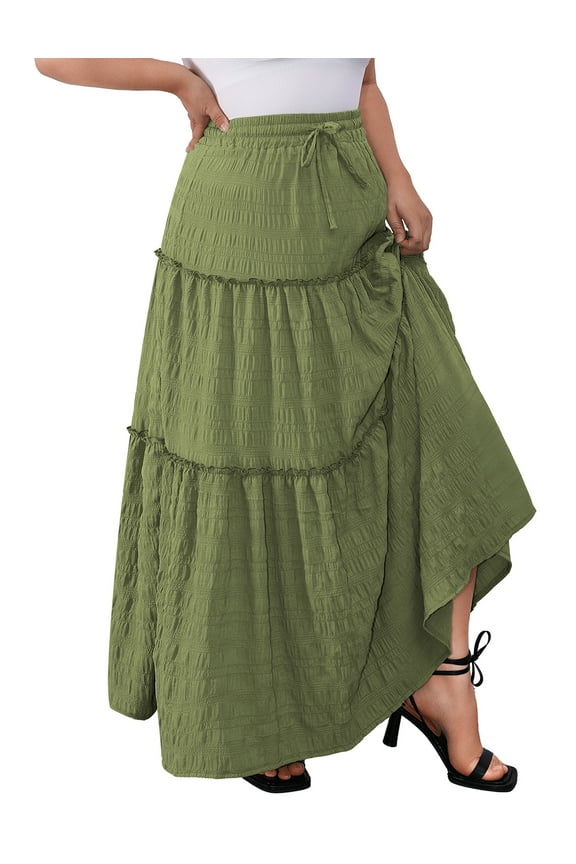 Women Plus size Long Maxi Skirts Elastic High Waist A Line Ruffle Swing Beach Maxi Skirt L-4x
