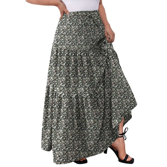 a.Jesdani Women Plus size Long Maxi Skirts Elastic High Waist A Line Ruffle Swing Beach Maxi Skirt L-4x