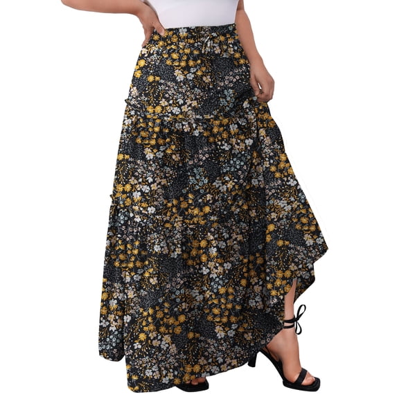a.Jesdani Women Plus size Long Maxi Skirts Elastic High Waist A Line Ruffle Swing Beach Maxi Skirt L-4x