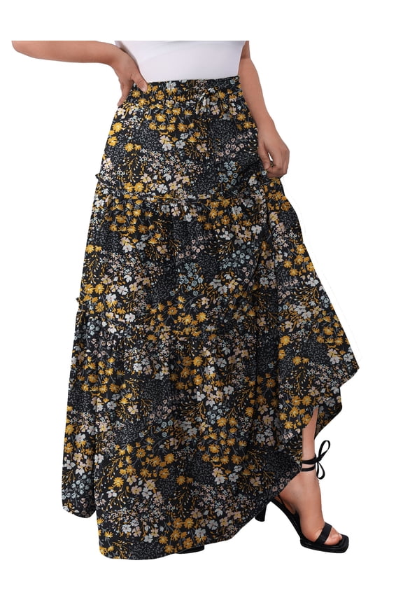 Women Plus size Long Maxi Skirts Elastic High Waist A Line Ruffle Swing Beach Maxi Skirt L-4x