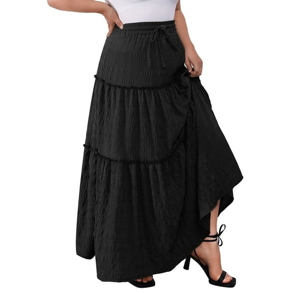 a.Jesdani Women Plus size Long Maxi Skirts Elastic High Waist A Line Ruffle Swing Beach Maxi Skirt L-4x