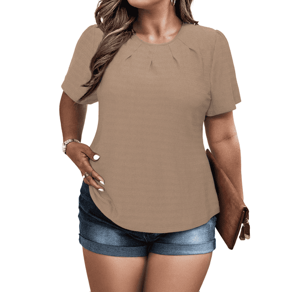 a.Jesdani Women Plus size top Round Neck Stretchy Textured Pleated T-Shirt for Curvy Women M-4X
