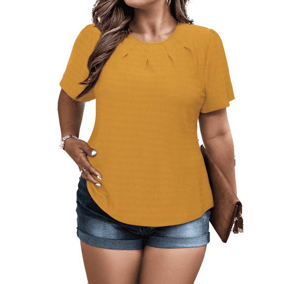 a.Jesdani Women Plus size top Round Neck Stretchy Textured Pleated T-Shirt for Curvy Women M-4X