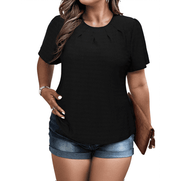 a.Jesdani Women Plus size top Round Neck Stretchy Textured Pleated T-Shirt for Curvy Women M-4X