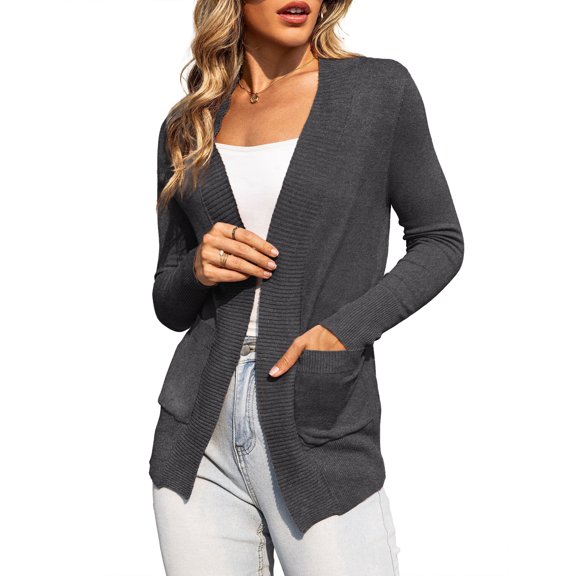 a.Jesdani Women's Cardigan Casual Lightweight Knit Cardigan Sweaters with Pockets Charcoal Black S