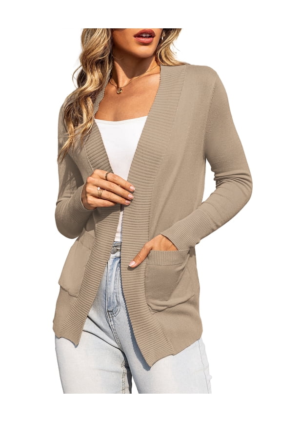 Women's Cardigan Classic Casual Lightweight Knit Cardigan Sweaters with Pockets Camel Heather L