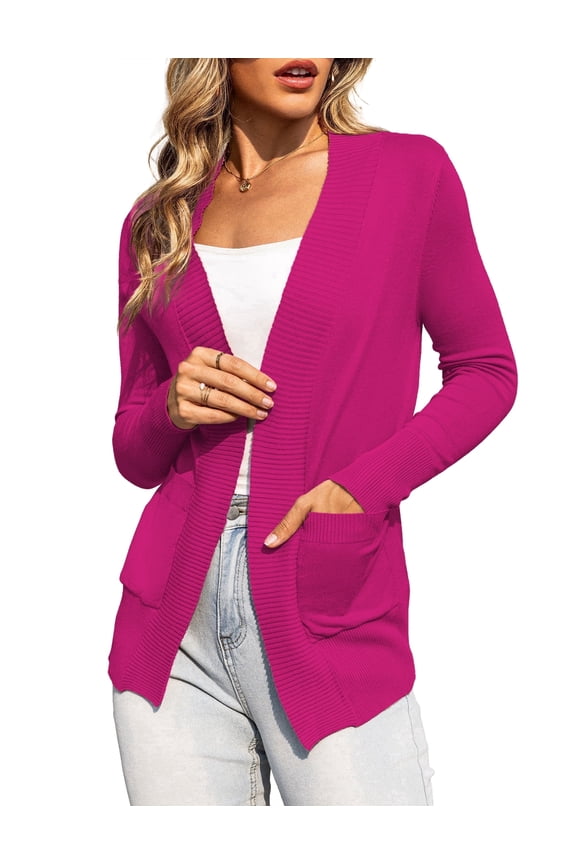 Women's Cardigan Classic Casual Lightweight Knit Cardigan Sweaters with Pockets Rose L