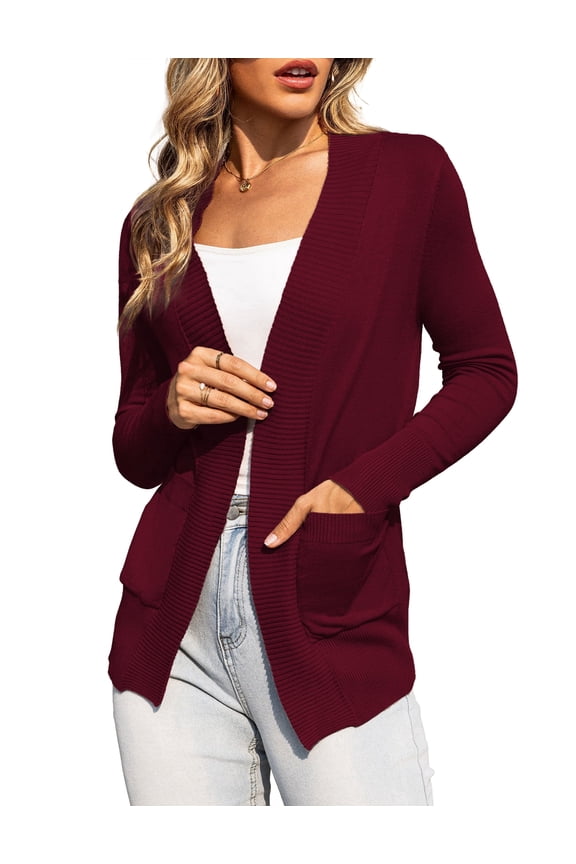 Cardigans for Women Classic Casual Lightweight Ribbed Knit Cardigan Sweaters with Pockets Burgundy M