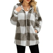 a.Jesdani Women's Full Zip Fleece Jacket Long Sleeve Buffalo Plaid Warm Hooded Coats Outerwear with Pockets S-XXL