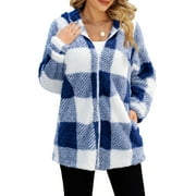 a.Jesdani Women's Full Zip Fleece Jacket Long Sleeve Buffalo Plaid Warm Hooded Coats Outerwear with Pockets S-XXL