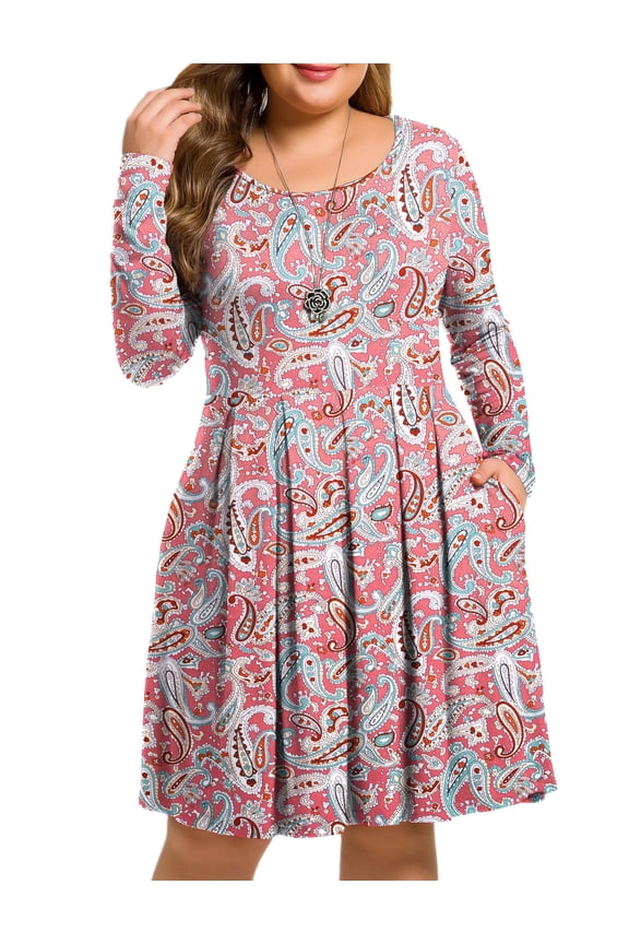 Women's Plus Size Dresses Casual Long Sleeve Pleated Dress Fall Dresses with Pockets L-4X