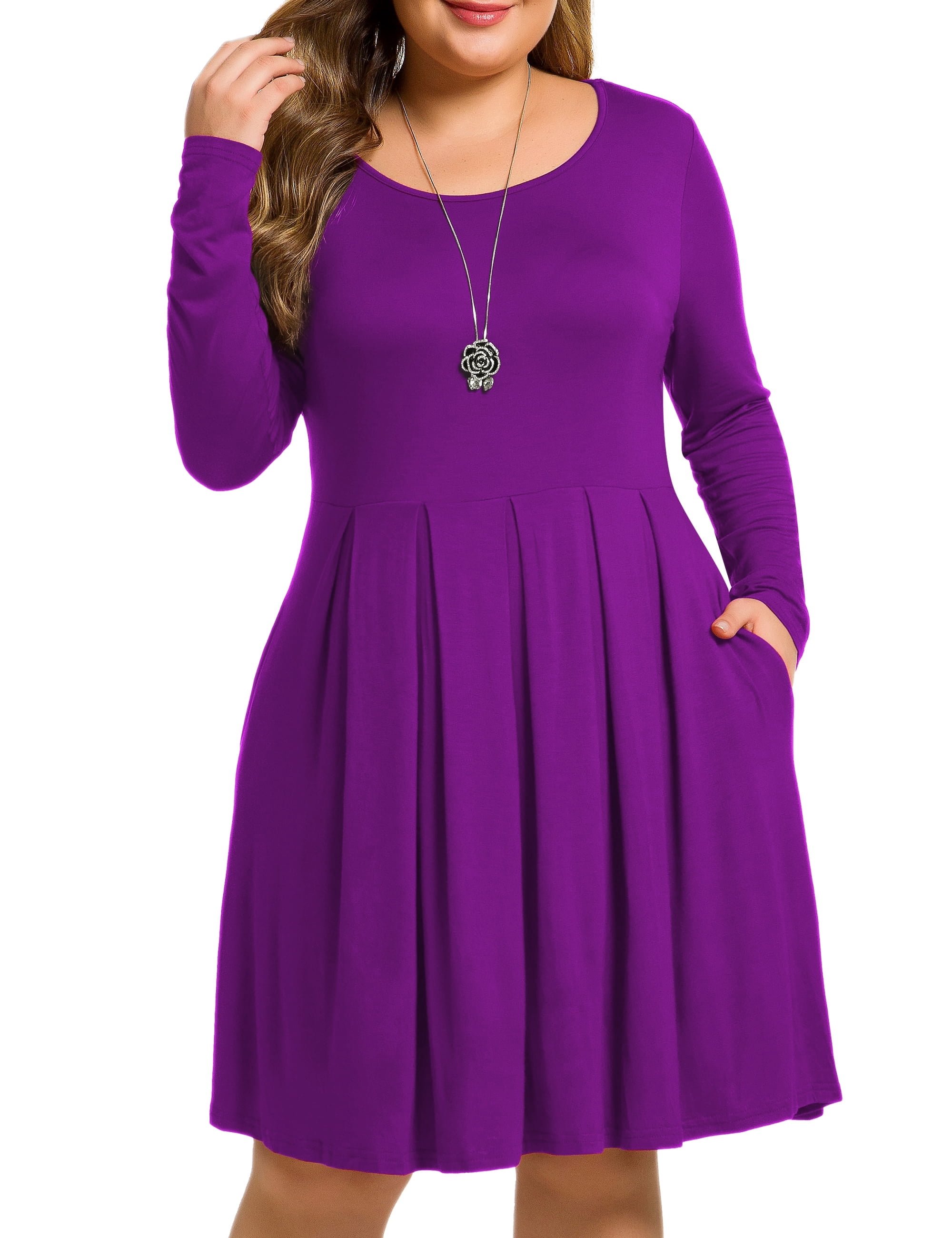 Plus-Size Women Autumn Solid Pleated Long Sleeves Dress main image 0