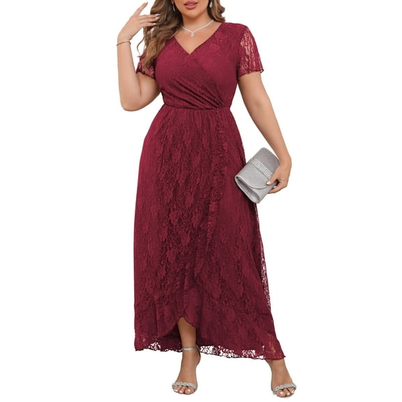 a.Jesdani Women's Plus Size Formal Dresses Lace V Neck Ruffles Sleeves Wedding Guest Dresses L-4X