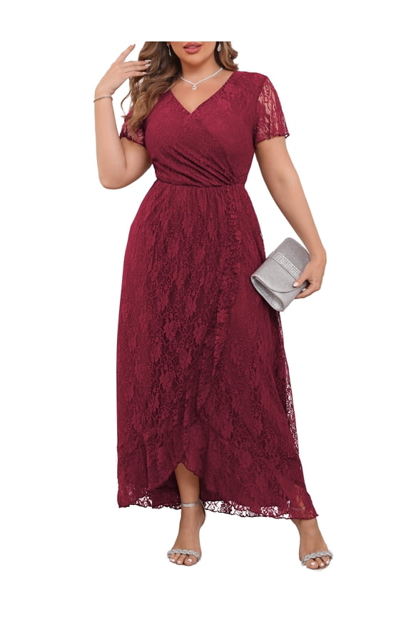 Women's Plus Size Formal Dresses Lace V Neck Ruffles Sleeves Wedding Guest Dresses L-4X