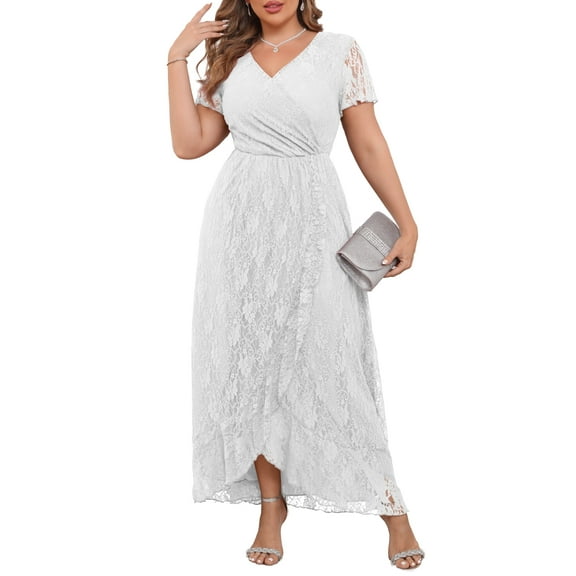 a.Jesdani Women's Plus Size Formal Dresses Lace V Neck Ruffles Sleeves Wedding Guest Dresses L-4X