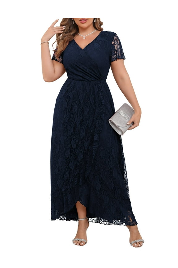 Women's Plus Size Formal Dresses Lace V Neck Ruffles Sleeves Wedding Guest Dresses L-4X