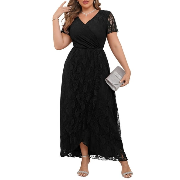 a.Jesdani Women's Plus Size Formal Dresses Lace V Neck Ruffles Sleeves Wedding Guest Dresses L-4X