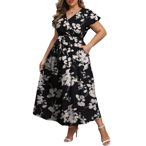 Women's Plus Size Maxi Dress Boho Floral Butterfly Sleeve V Neck Flowy Maxi Dress Party Wedding Guest Dress L-4X