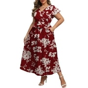 A.JESDANI Women's Plus Size Maxi Dress Boho Floral Butterfly Sleeve V Neck Flowy Maxi Dress Party Wedding Guest Dress L-4X