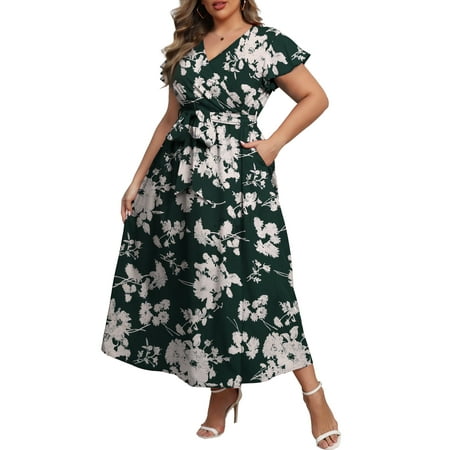 a.Jesdani Women's Plus Size Maxi Dress Boho Floral Butterfly Sleeve V Neck Flowy Maxi Dress Party Wedding Guest Dress L-4X