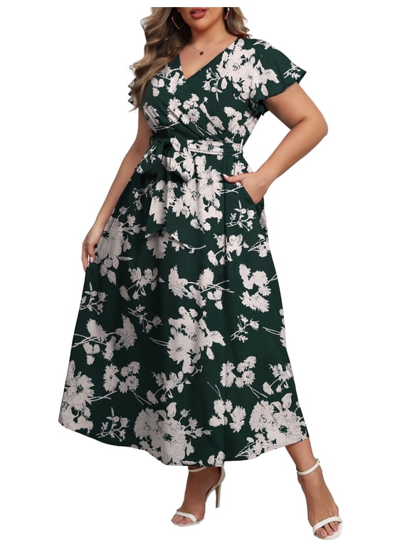 Women's Plus Size Maxi Dress Boho Floral Butterfly Sleeve V Neck Flowy Maxi Dress Party Wedding Guest Dress L-4X