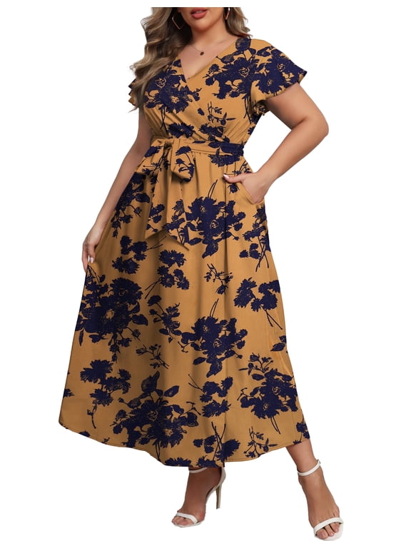 Women's Plus Size Maxi Dress Boho Floral Butterfly Sleeve V Neck Flowy Maxi Dress Party Wedding Guest Dress L-4X