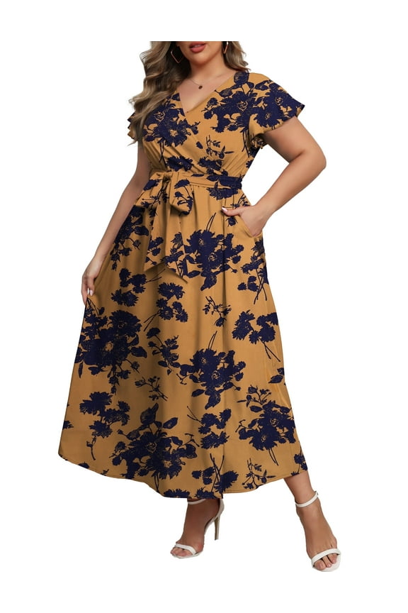 Women's Plus Size Maxi Dress Boho Floral Butterfly Sleeve V Neck Flowy Maxi Dress Party Wedding Guest Dress L-4X
