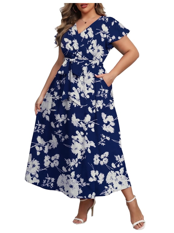 Women's Plus Size Maxi Dress Boho Floral Butterfly Sleeve V Neck Flowy Maxi Dress Party Wedding Guest Dress L-4X