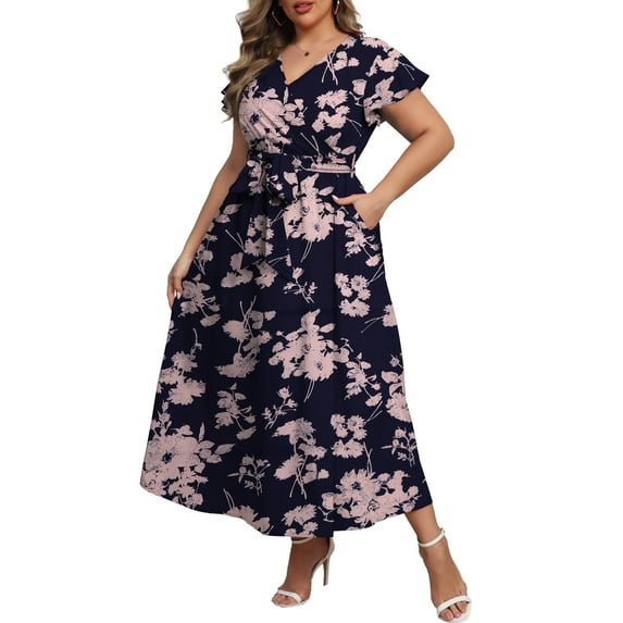 a.Jesdani Women's Plus Size Maxi Dress Boho Floral Butterfly Sleeve V Neck Flowy Maxi Dress Party Wedding Guest Dress L-4X