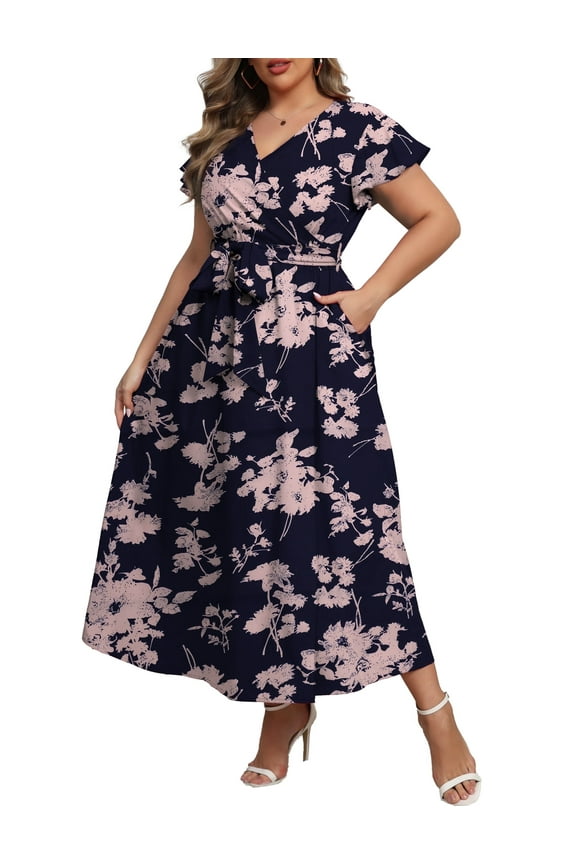 Women's Plus Size Maxi Dress Boho Floral Butterfly Sleeve V Neck Flowy Maxi Dress Party Wedding Guest Dress L-4X