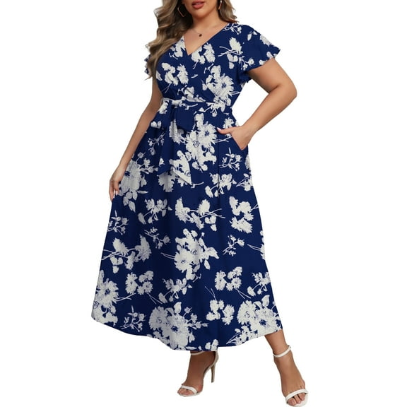 a.Jesdani Women's Plus Size Maxi Dress Boho Floral Butterfly Sleeve V Neck Flowy Maxi Dress Party Wedding Guest Dress L-4X