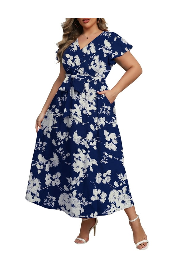 Women's Plus Size Maxi Dress Boho Floral Butterfly Sleeve V Neck Flowy Maxi Dress Party Wedding Guest Dress L-4X