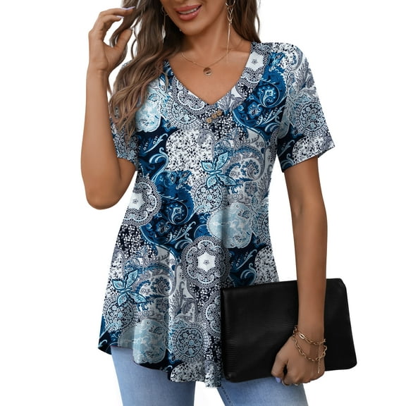 a.Jesdani Women's Plus Size Short Sleeve Henley Shirt V Neck Floral Blouses Tunic Tops for Women m-4x
