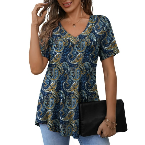 a.Jesdani Women's Plus Size Short Sleeve Henley Shirt V Neck Floral Blouses Tunic Tops for Women m-4x