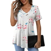 A.JESDANI Women's Plus Size Short Sleeve Henley Shirt V Neck Floral Blouses Tunic Tops for Women m-4x