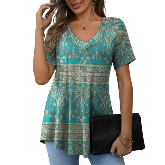 a.Jesdani Women's Plus Size Short Sleeve Henley Shirt V Neck Floral Blouses Tunic Tops for Women m-4x