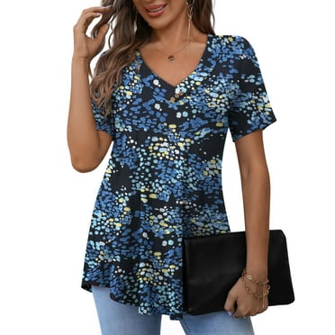 a.Jesdani Women's Plus Size Short Sleeve Henley Shirt V Neck Floral Blouses Tunic Tops for Women m-4x
