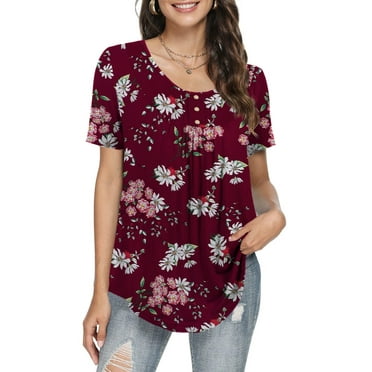 a.Jesdani Women's Plus Size Tunic Tops Casual Floral Blouses Short Sleeve Henley Shirts for Women M-4XL