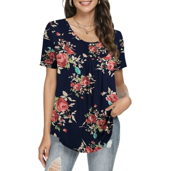 a.Jesdani Women's Plus Size Tunic Tops Casual Floral Blouses Short Sleeve Henley Shirts for Women M-4XL